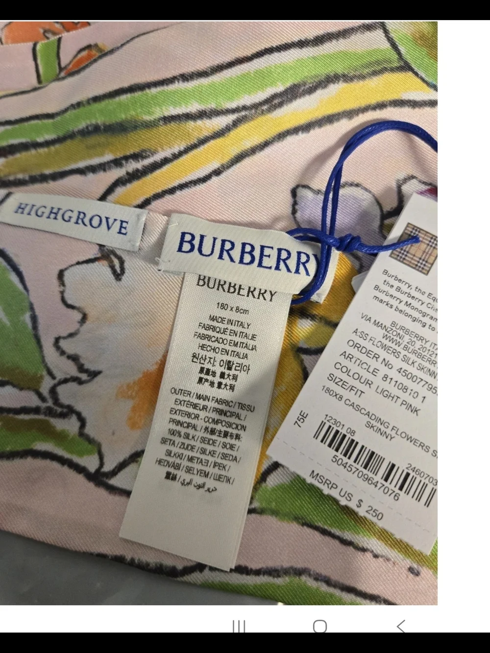 Burberry Skinny Silk Cascading Flowers Scarf Light Pink NWT
